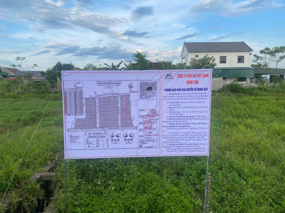 Thông báo đấu giá QSDĐ đối với 09 lô đất ở tại khu dân cư đồng Thượng Kháo, thôn Hồng Tân, xã Thiên Lộc, nay là thôn Quyết Tiến, xã Can Lộc