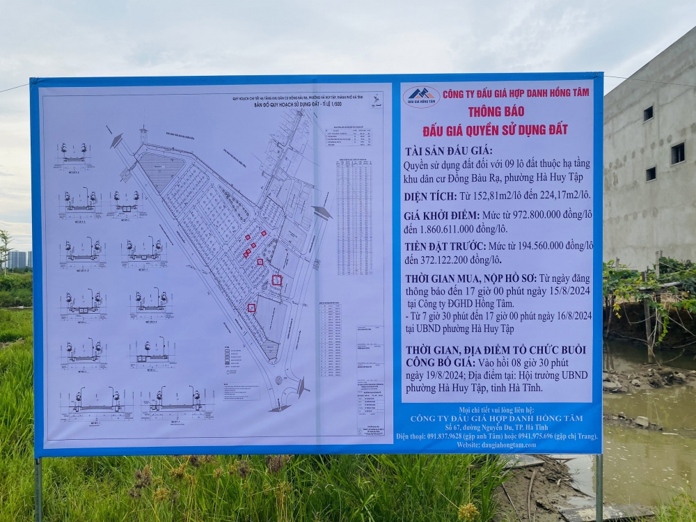 Thông báo đấu giá quyền sử dụng đất 09 lô đất ở tại Đồng Bàu Rạ, phường Hà Huy Tập