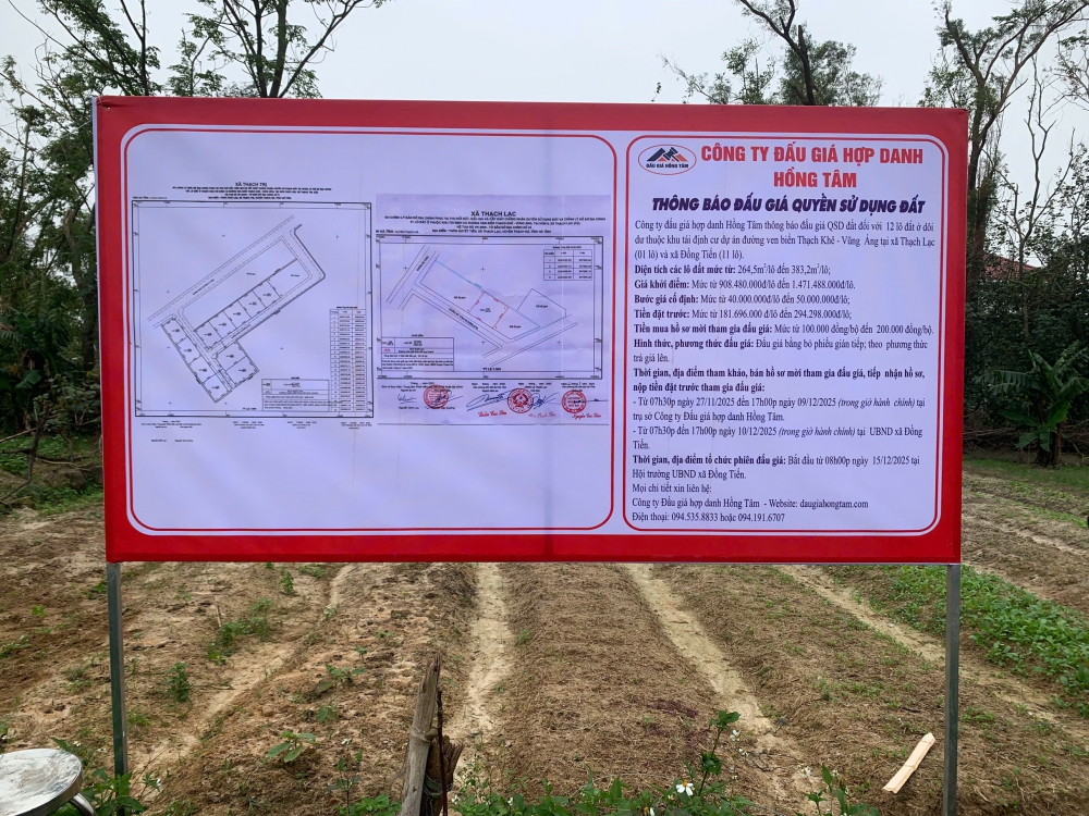 Thông báo đấu giá Quyền sử dụng đất đối với 01 lô đất ở dôi dư thuộc khu tái định cư dự án đường ven biển Thạch Khê - Vũng Áng